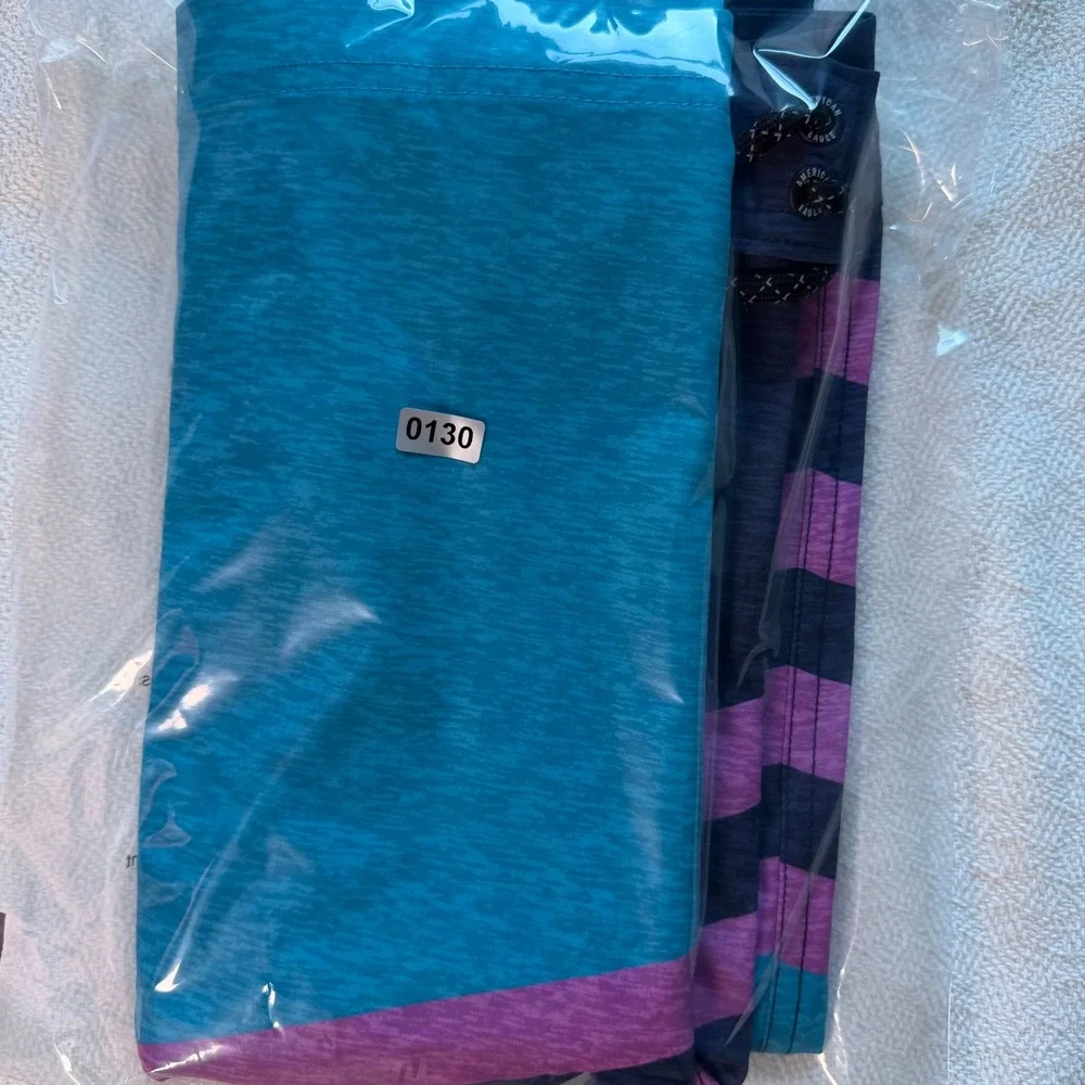 American Eagle Men XXL Board Shorts Striped Colorblock Swim Trunks Navy Teal 2XL